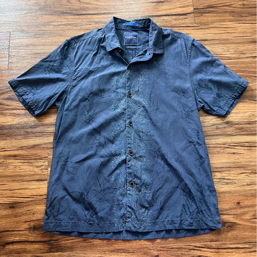Tommy Bahama Shirt Mens Size Large Navy Silk Blend Limited Edition Island Modern